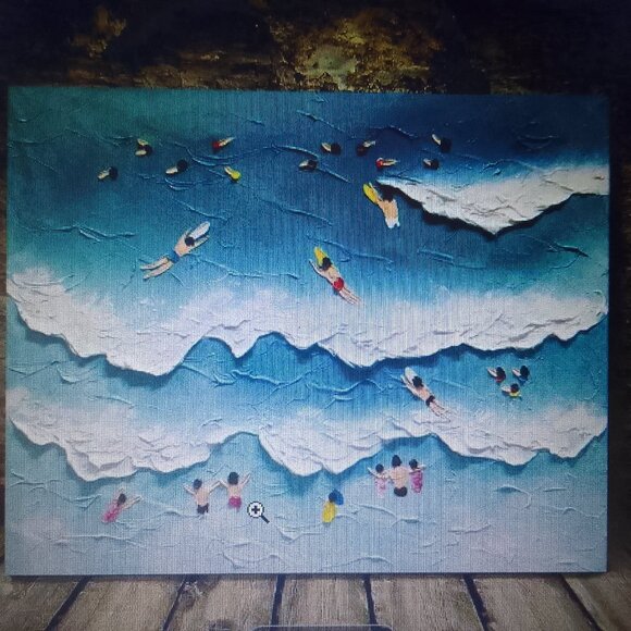 "Fun Swimming" well done canvas oil painting, framed, brand new